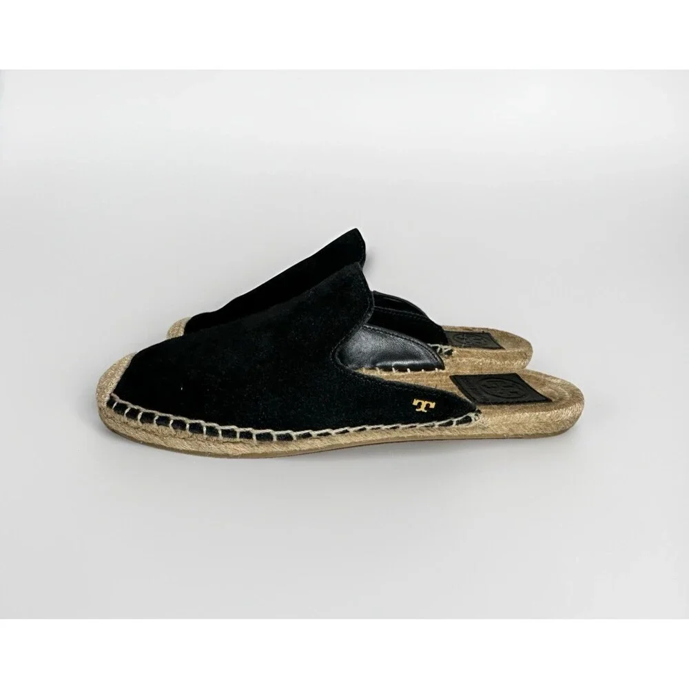 TORY BURCH Max Black Suede Flat Espadrille Mules Slip On Shoes Women's 6.5